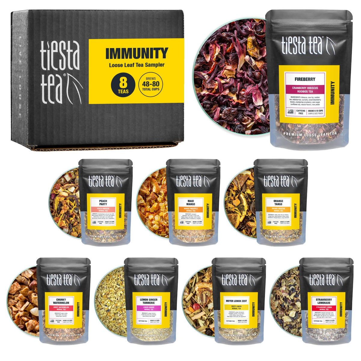 Tiesta Tea sampler front packaging showing eight resealable pouches and variety benefits