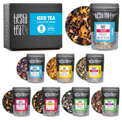 Tiesta Tea sampler front packaging showing colorful pouches and variety benefits