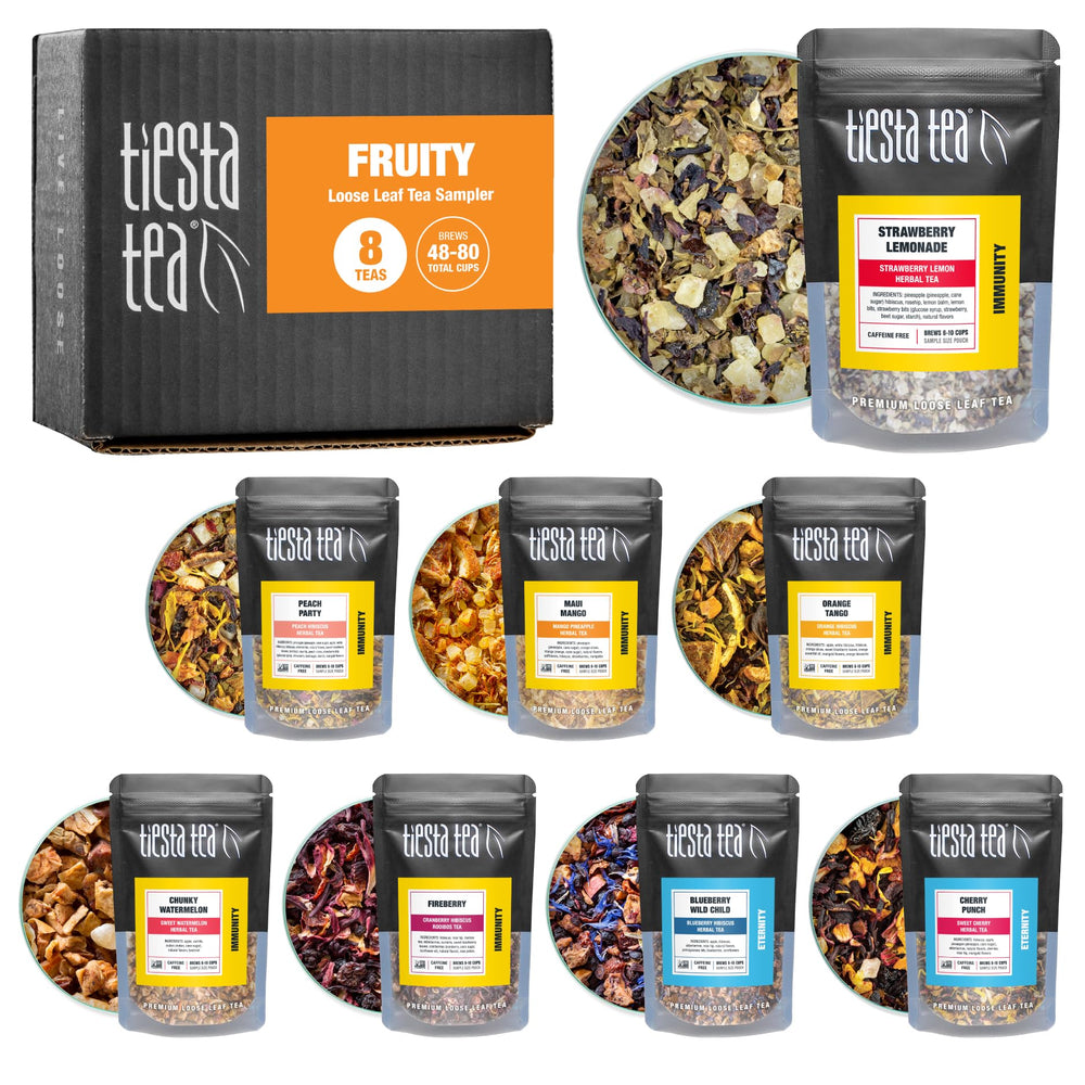 Tiesta Tea sampler overhead showing eight loose-leaf tins for easy tasting