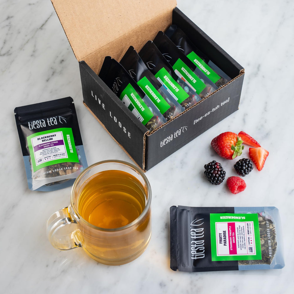 Tiesta Tea pouch with scale showing ounce size for clear portioning benefit