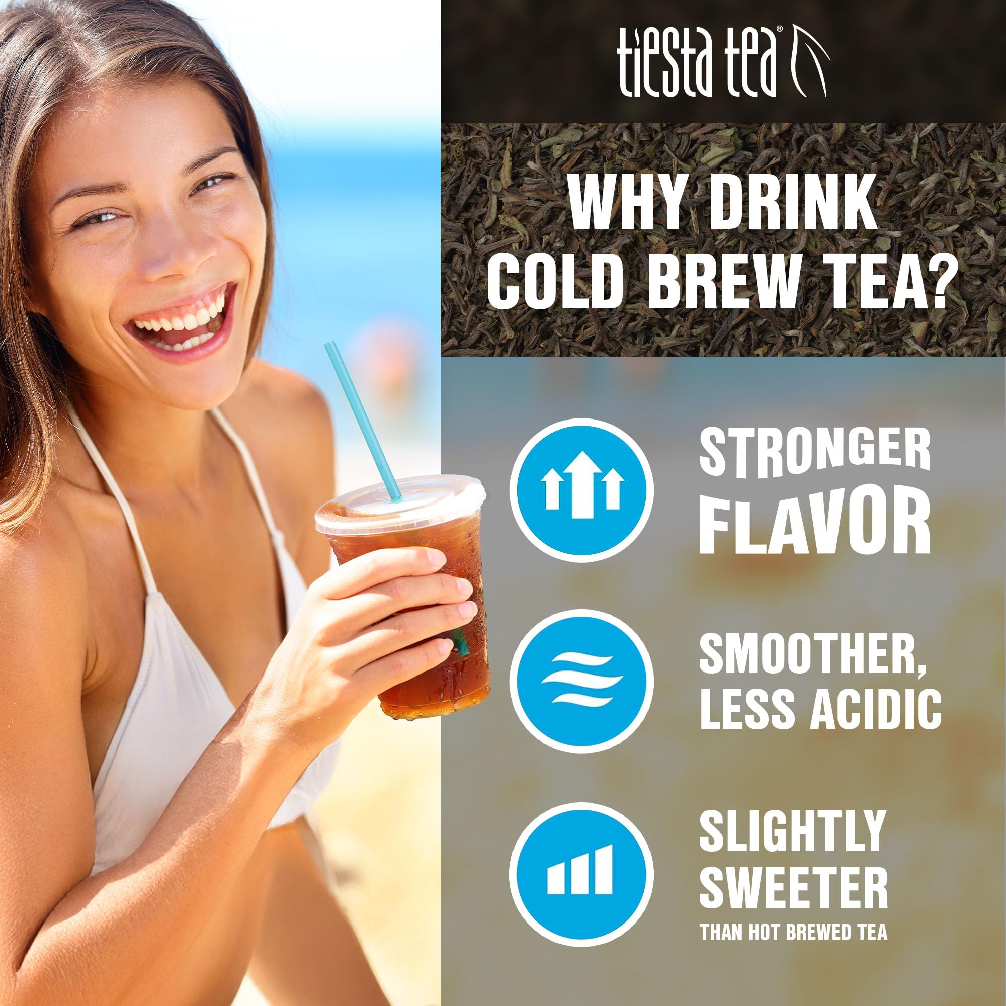 Tiesta Tea cup next to pouches for portion scale and brew yield clarity