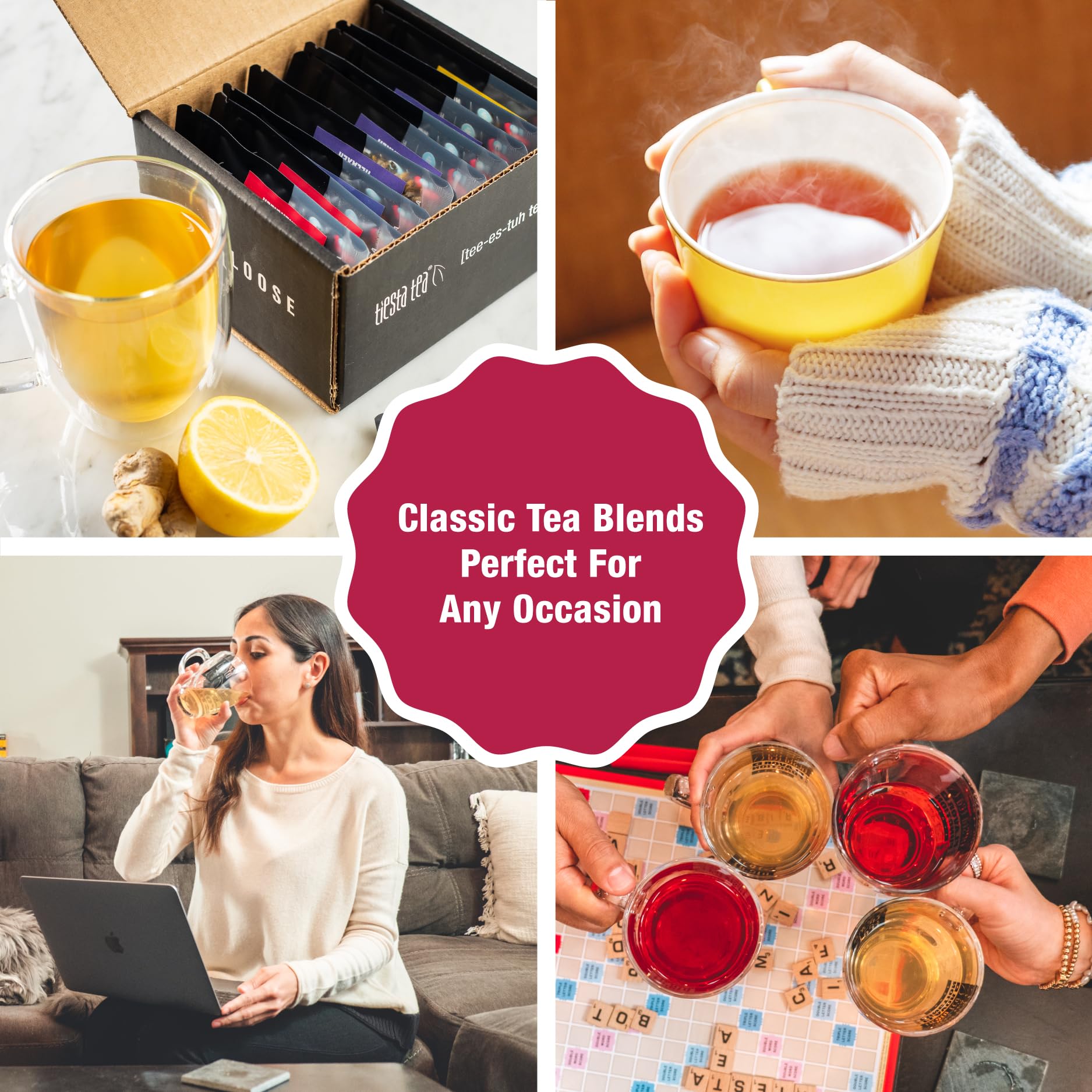 Tiesta Tea pouch beside teaspoon for scale, conveying portion size and travel-friendly pack