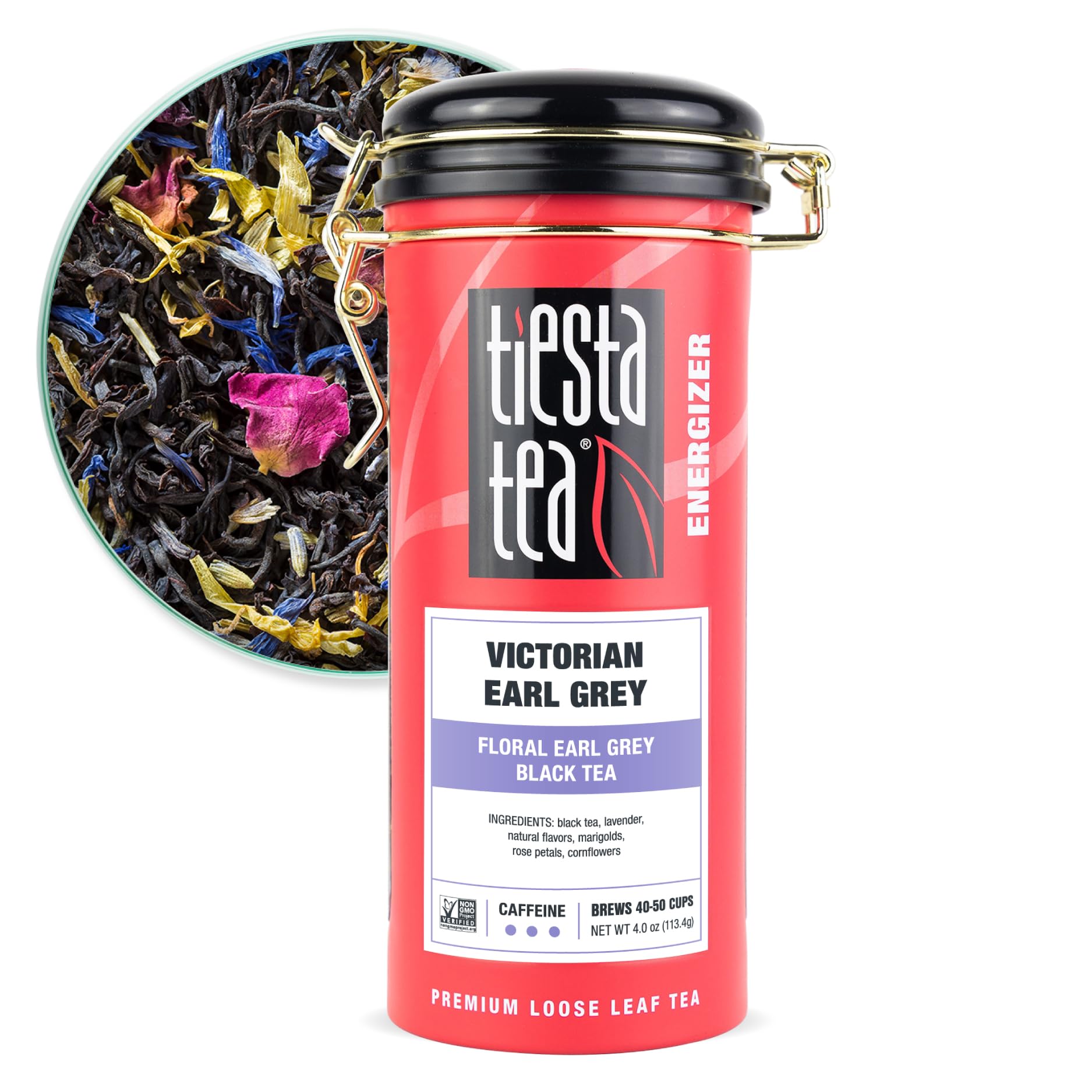 Tiesta Tea tin front view showing Victorian Earl Grey branding and fresh storage benefit