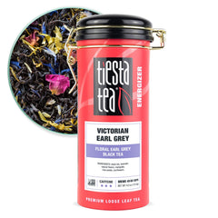 Tiesta Tea tin front view showing Victorian Earl Grey branding and fresh storage benefit