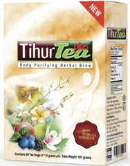 Tihur Tea Plus loose-ingredient spread with herbs and berries, benefit visible natural components