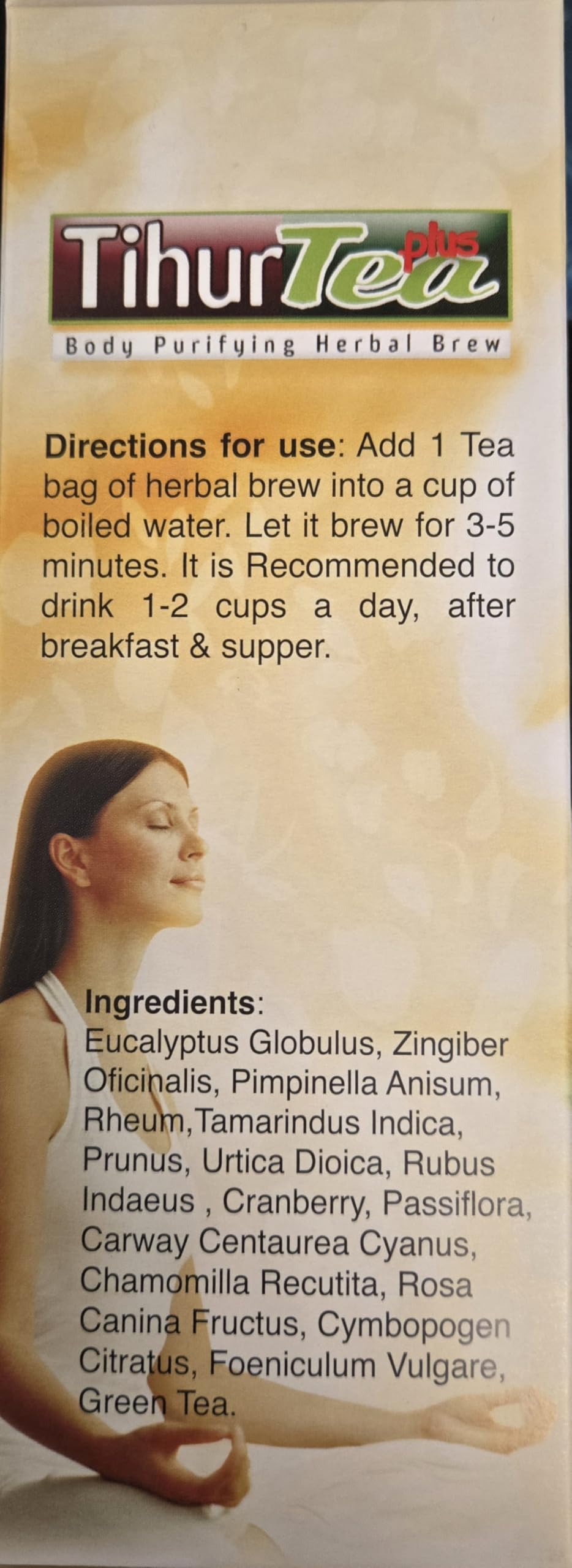 Tihur Tea Plus tea bag close-up showing fiber tag and herbal blend, benefit easy brewing