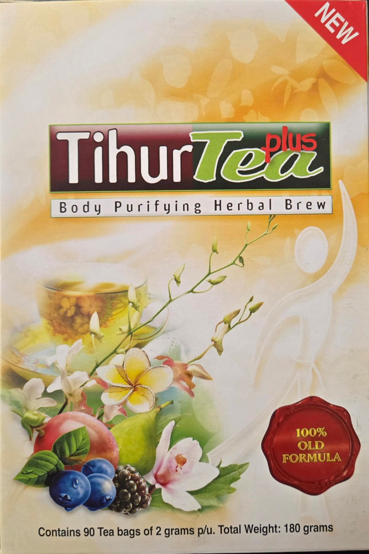 Tihur Tea Plus yellow box front packaging showing 90 tea bags and label, clear benefit convenience