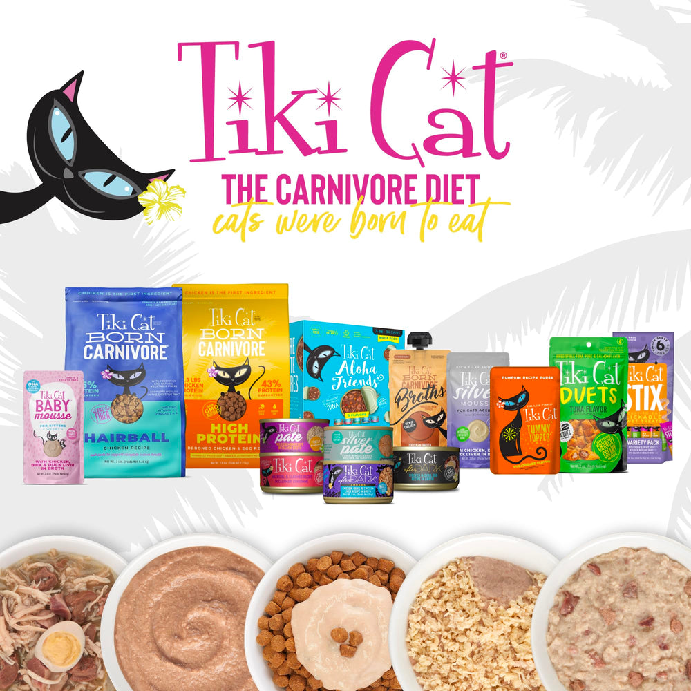 Shallow bowl of Tiki Cat chicken broth served in home setting for added hydration