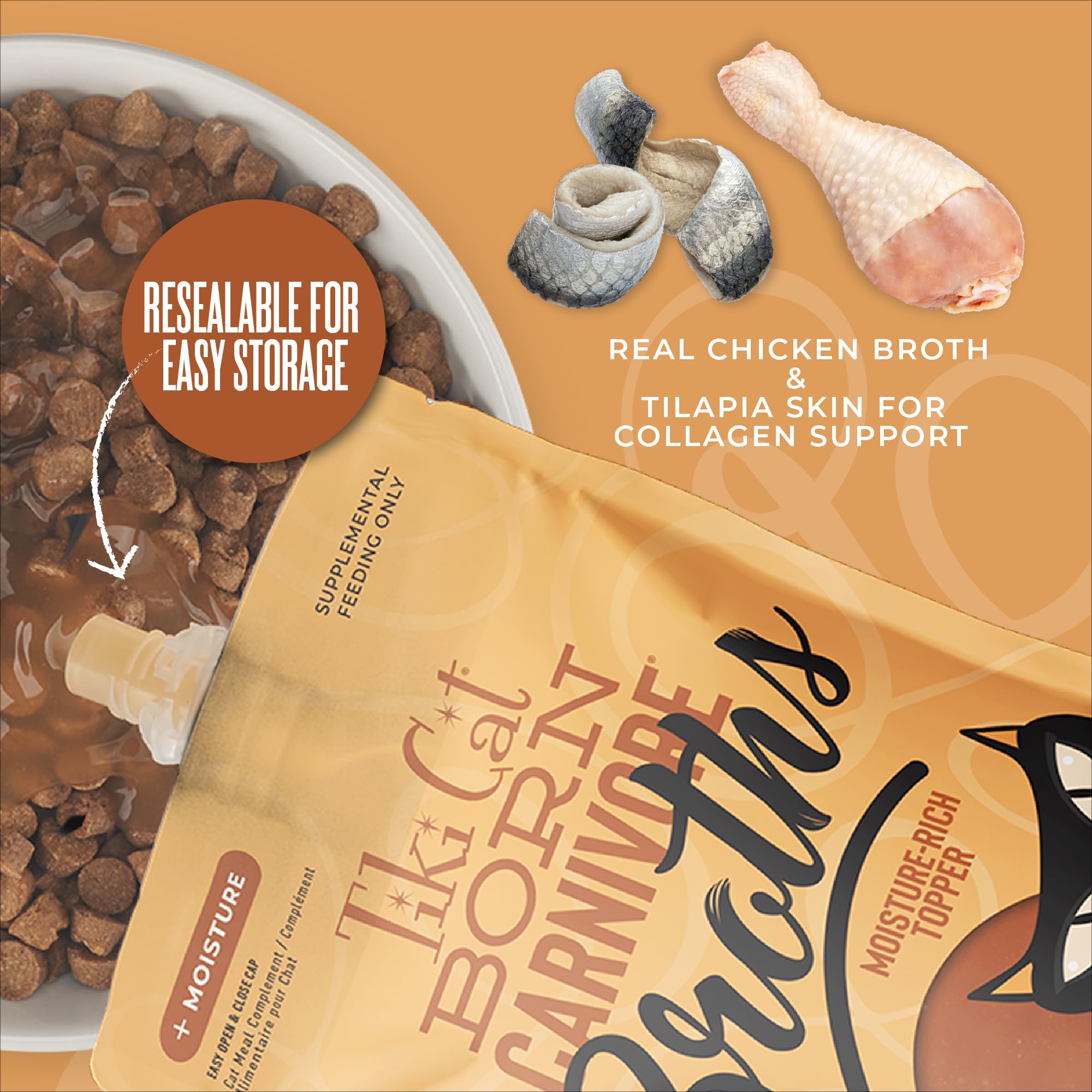 Tiki Cat broth poured over kibble to soften food and boost palatability