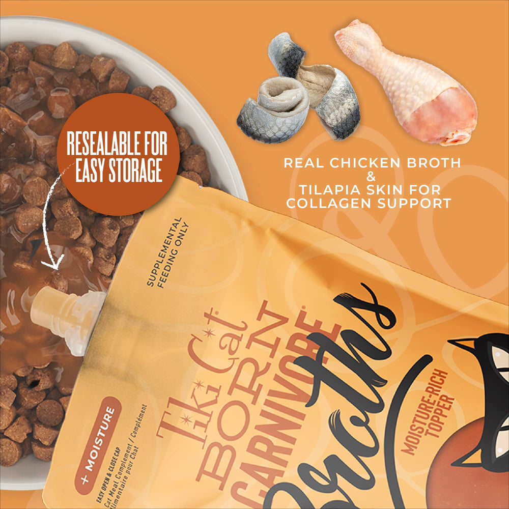 Tiki Cat broth poured over kibble to soften food and boost palatability