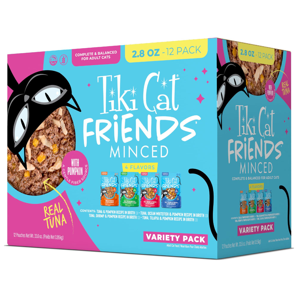 tiki pets front packaging showing 12 pouches and variety benefits