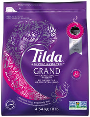 Tilda Grand Finest 10 lb bag front view shows brand and premium basmati, highlighting convenience