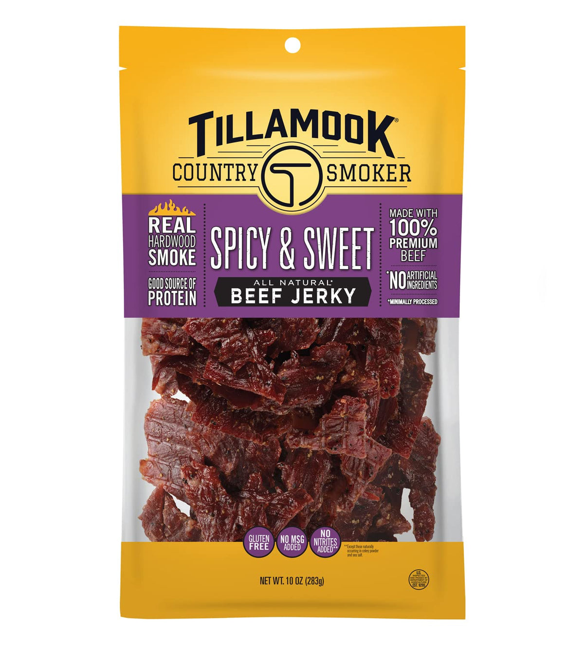 Tillamook Country Smoker front packaging showing spicy & sweet flavor and resealable pouch benefit