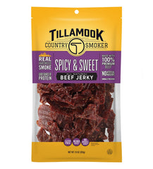 Tillamook Country Smoker front packaging showing spicy & sweet flavor and resealable pouch benefit