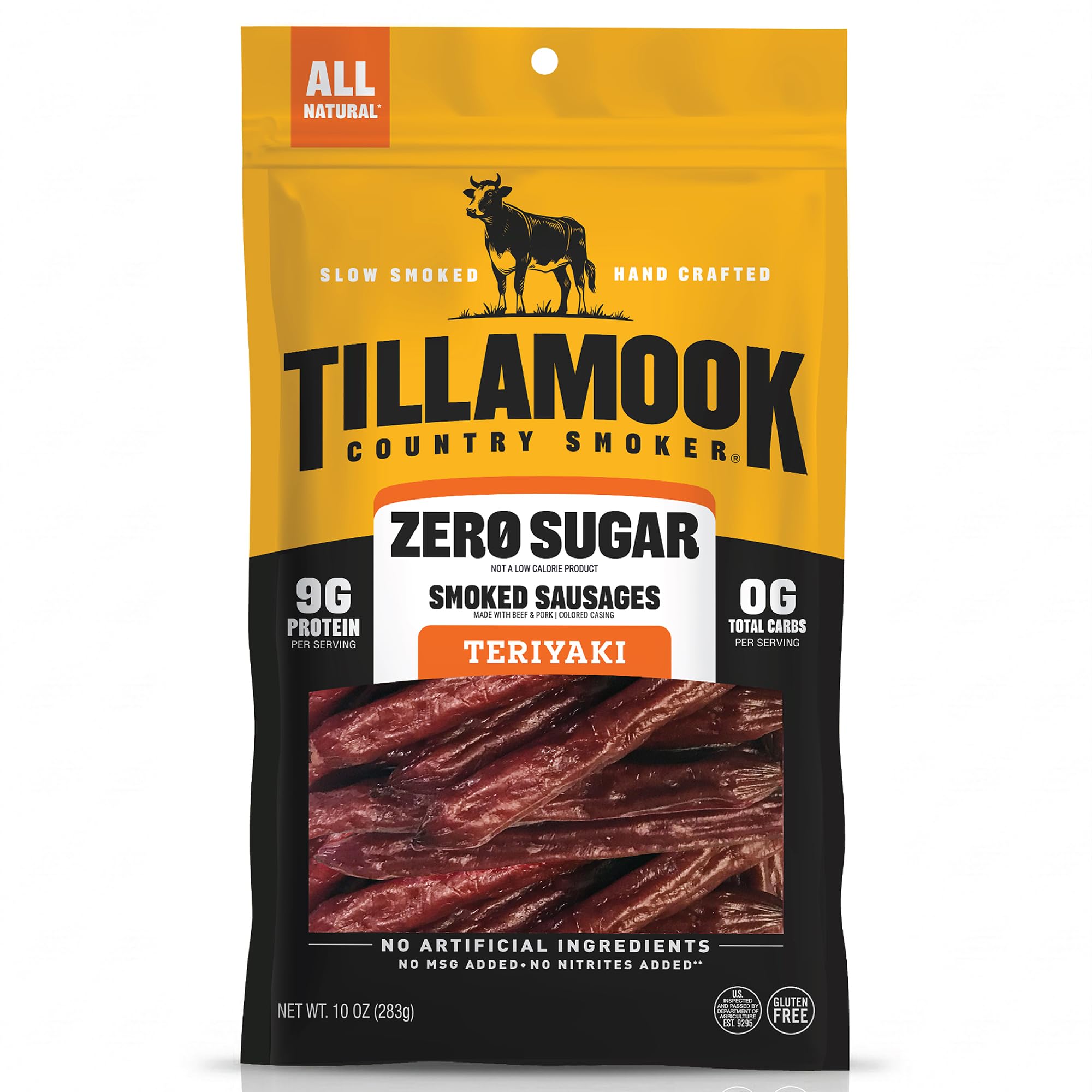 Tillamook Country Smoker front packaging showing teriyaki sausage sticks and benefits