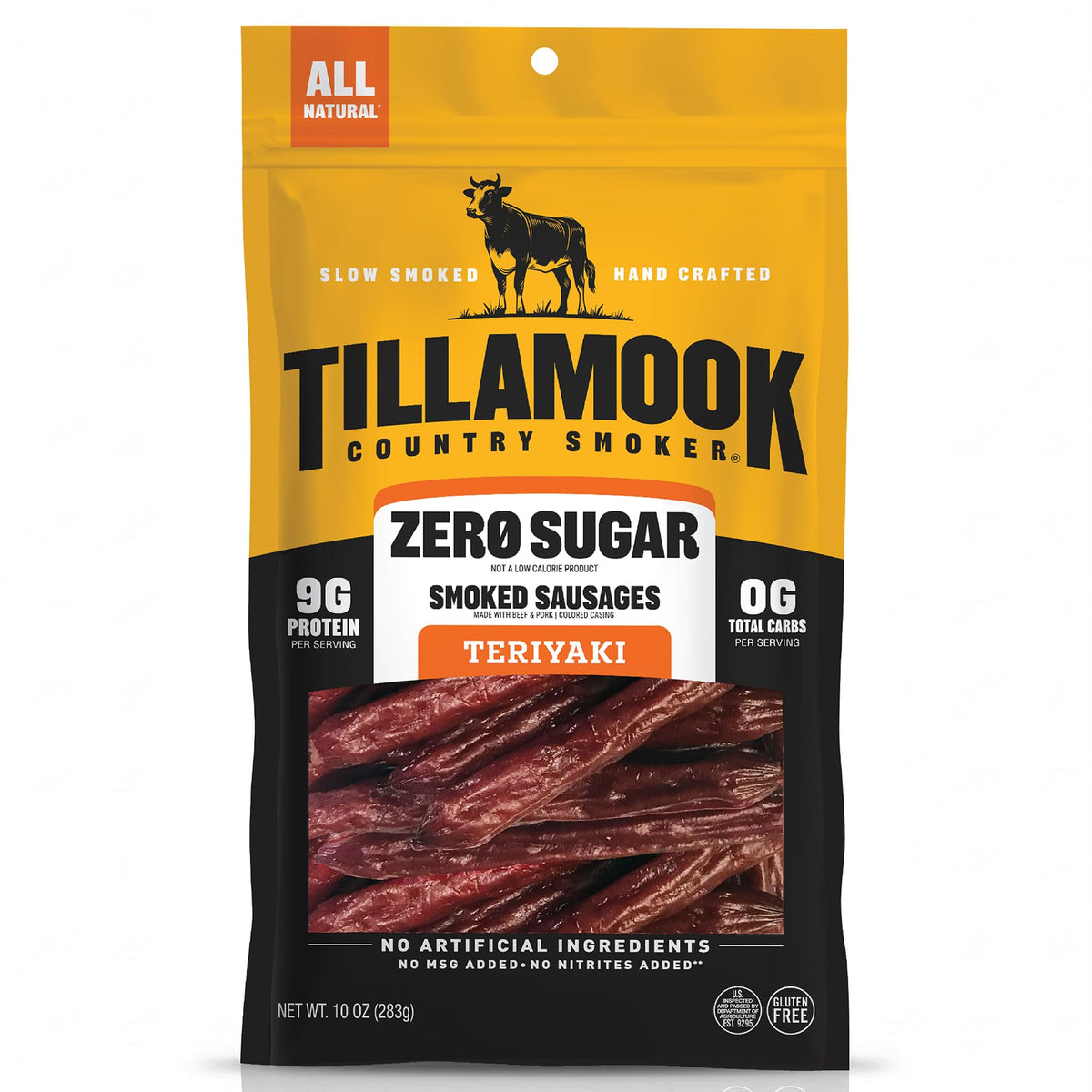 Tillamook Country Smoker front packaging showing teriyaki sausage sticks and benefits