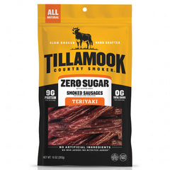 Tillamook Country Smoker front packaging showing teriyaki sausage sticks and benefits