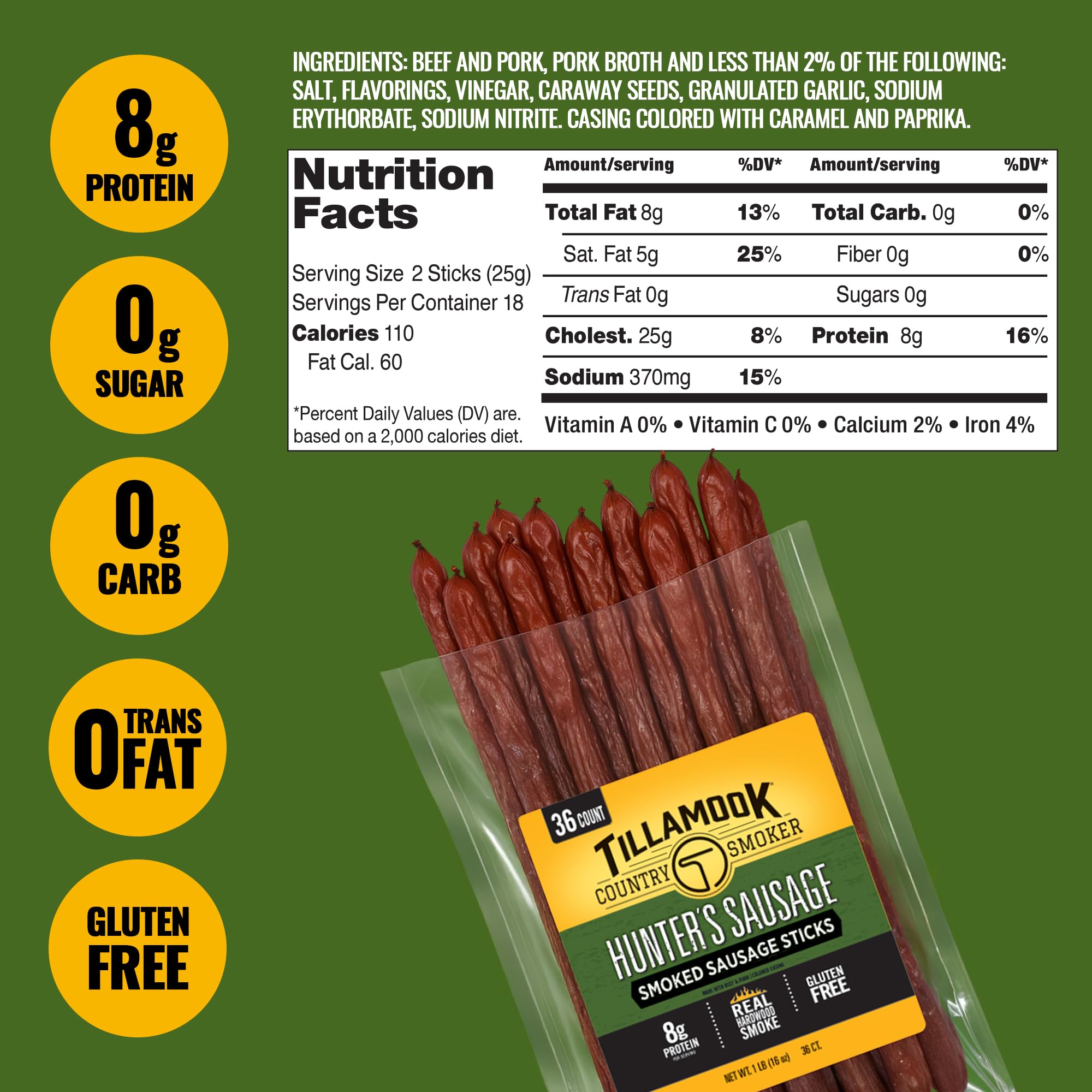 Tillamook Country Smoker product label and nutrition facts highlighting 8g protein and 0g carbs