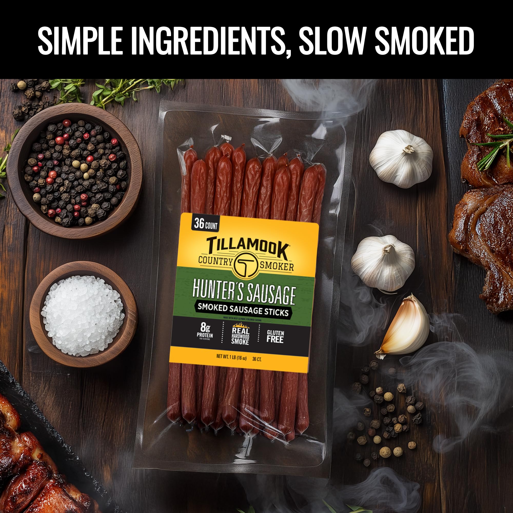 Tillamook Country Smoker open bulk jar with individually sealed sticks, convenient grab-and-go
