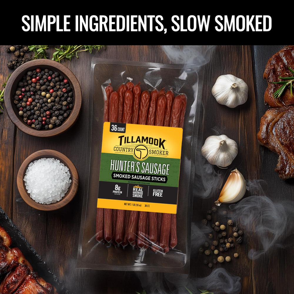 Tillamook Country Smoker open bulk jar with individually sealed sticks, convenient grab-and-go
