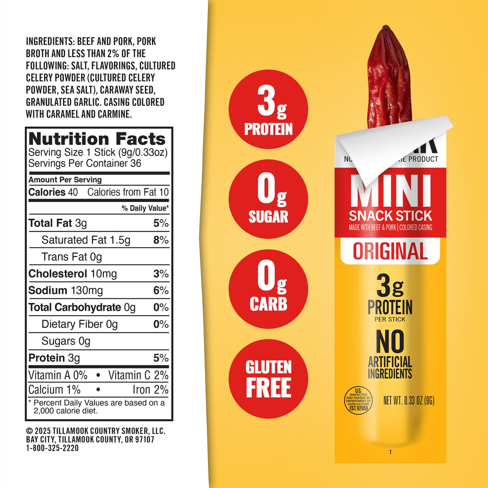 Tillamook Country Smoker individually wrapped mini sticks highlighting easy grab-and-go packing