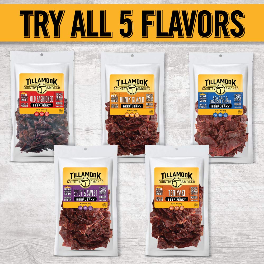 Tillamook Country Smoker jerky bites on wooden board showing hearty, protein-rich snack