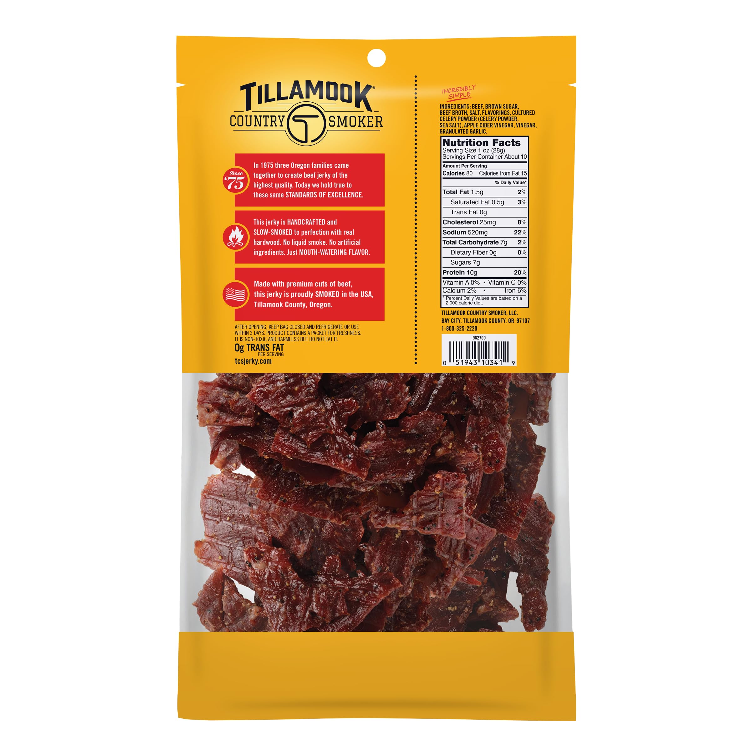 Tillamook Country Smoker close up of jerky texture highlighting real hardwood smoke
