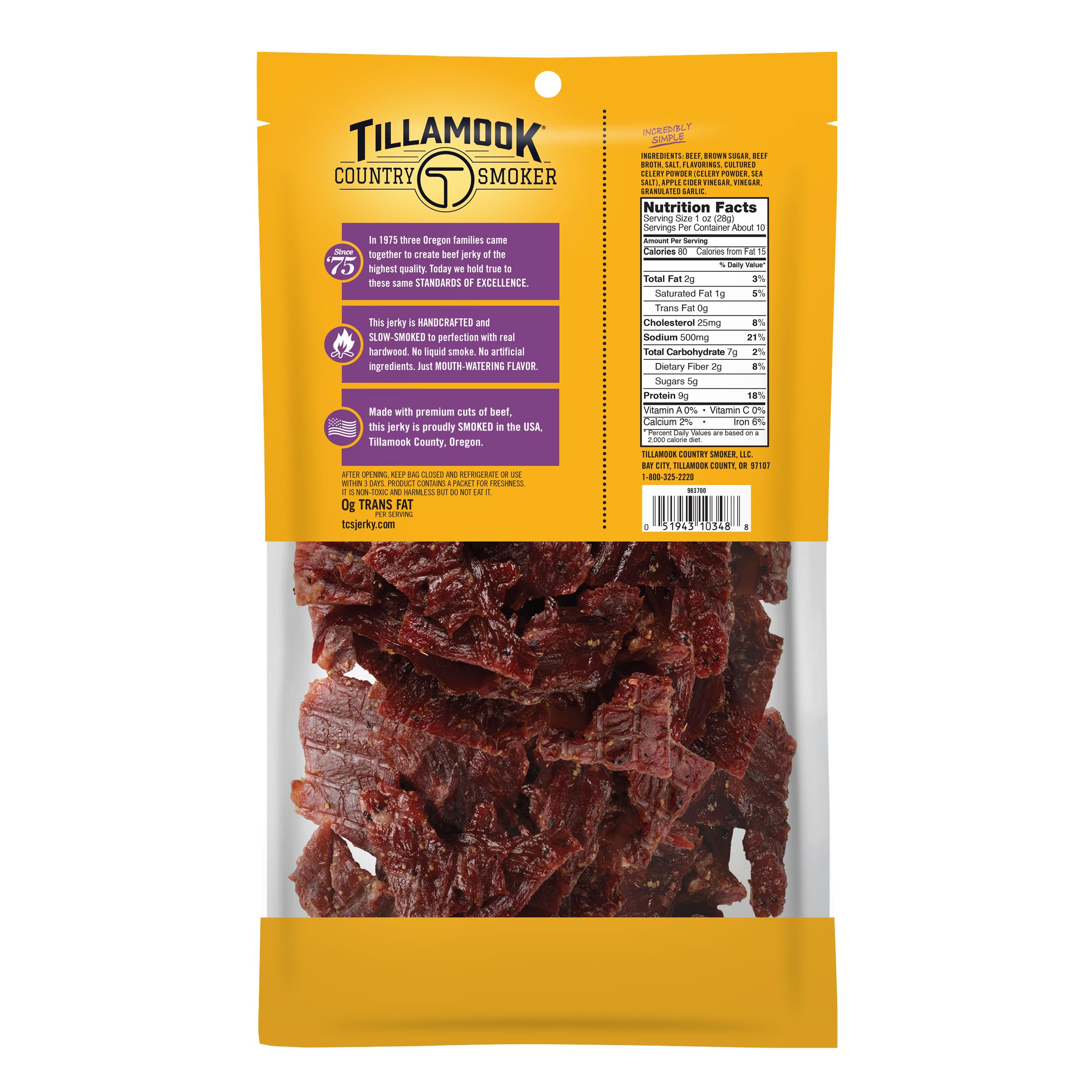 Tillamook Country Smoker open pouch with jerky visible, convenient grab-and-go protein