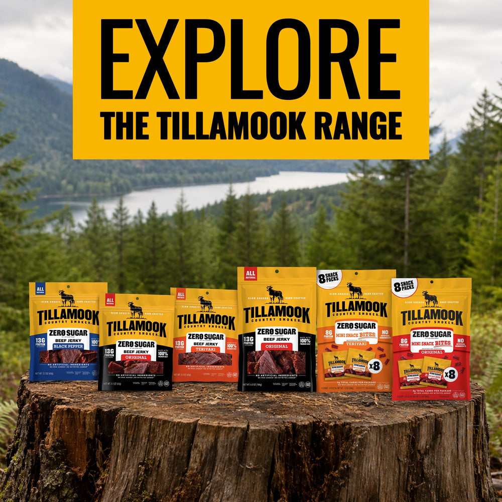 Tillamook Country Smoker bag next to smartphone showing compact portion size