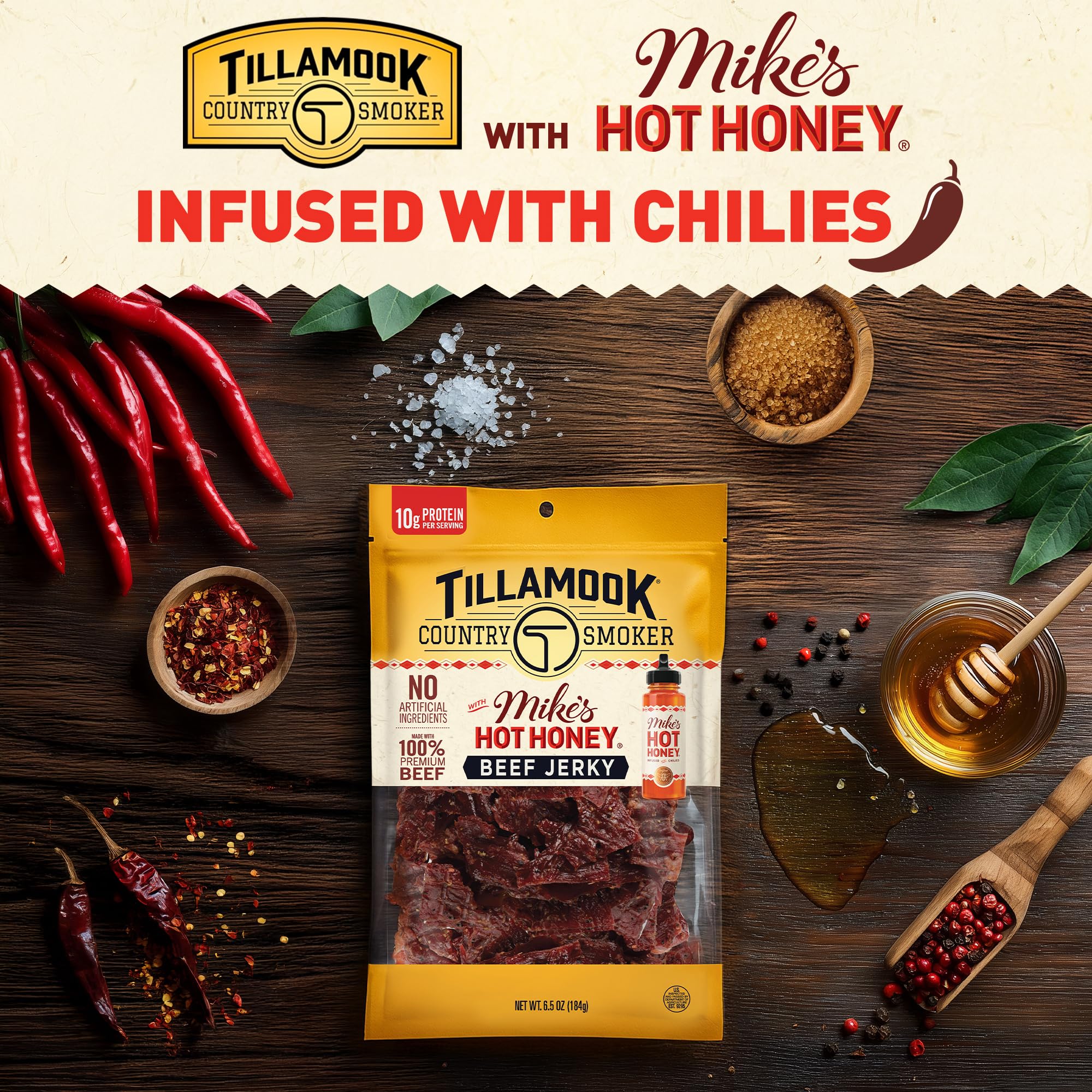 Tillamook Country Smoker sliced strips on wood board showing savory sweet contrast