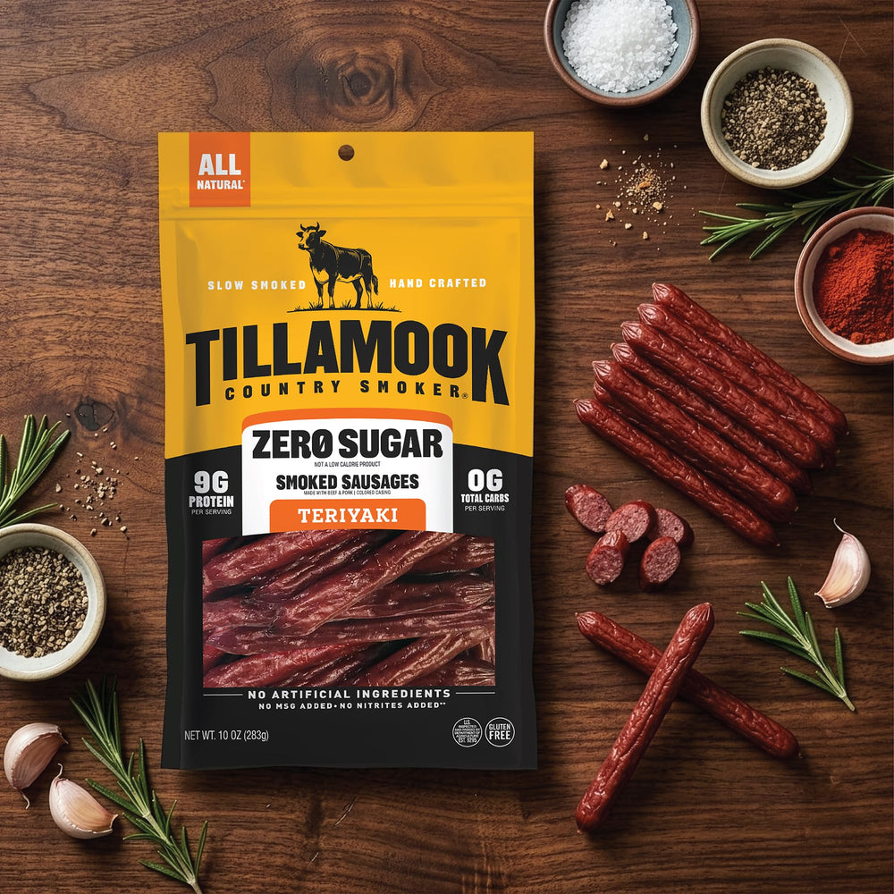 Tillamook Country Smoker sausage sticks on plate demonstrating ready-to-eat convenience