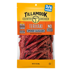 Tillamook Country Smoker front packaging shows teriyaki smoked sausages, grab-and-go convenience
