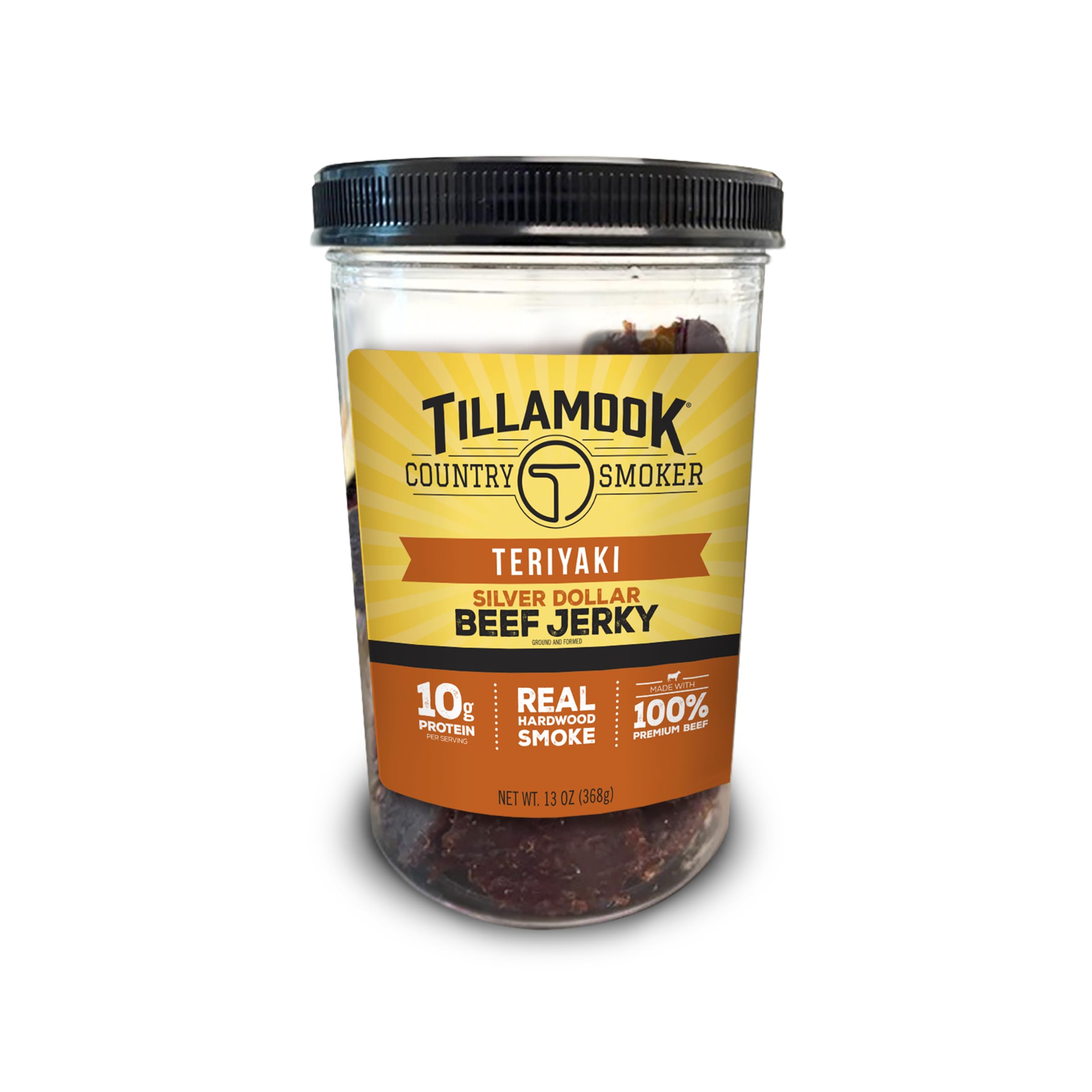Tillamook Country Smoker jar front showing teriyaki label and resealable lid benefit freshness