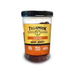 Tillamook Country Smoker jar front showing teriyaki label and resealable lid benefit freshness