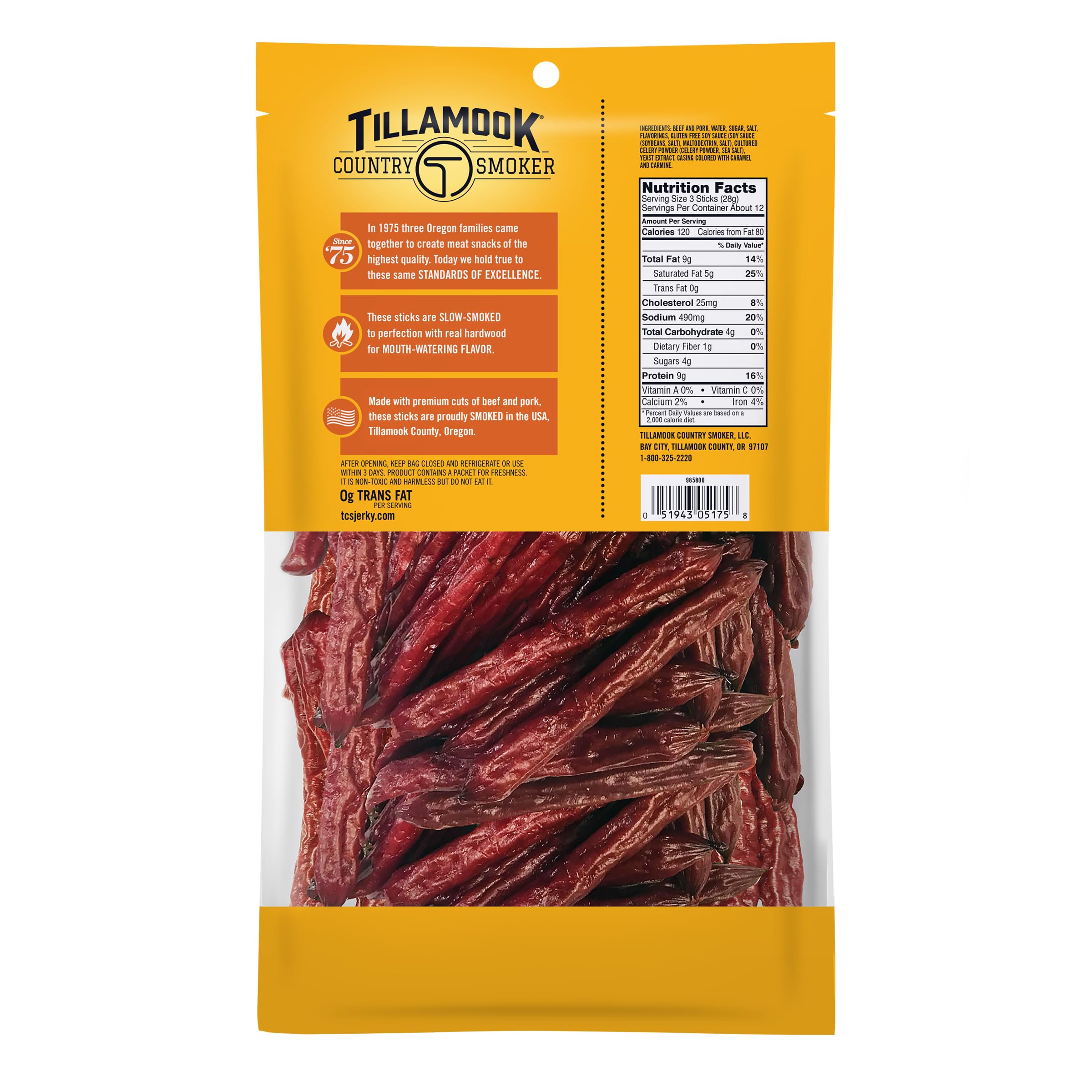 Tillamook Country Smoker close-up texture of smoked sausage highlighting hardwood smoke flavor