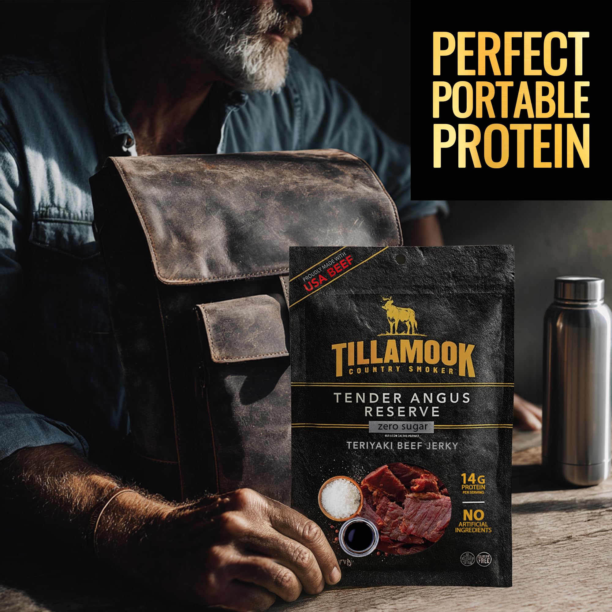 Tillamook Country Smoker jerky on a trail picnic illustrating on-the-go protein