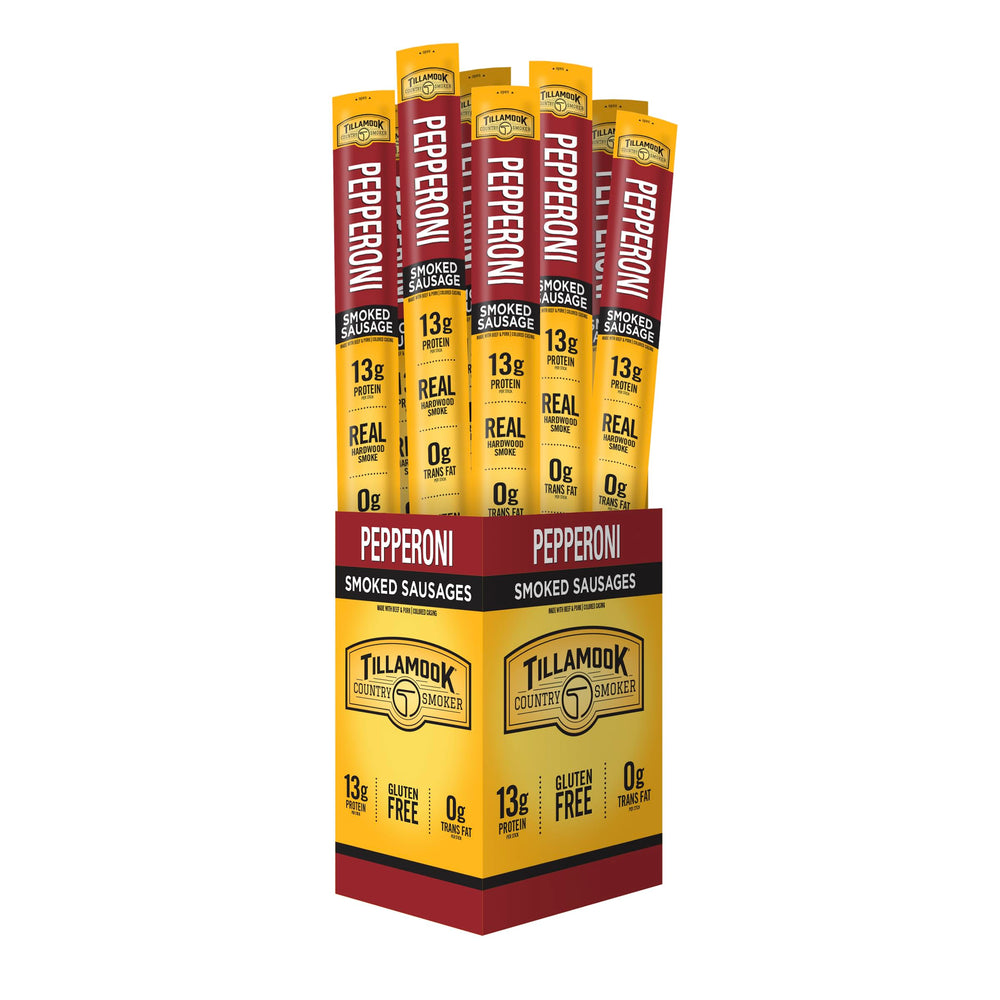 Tillamook Country Smoker front packaging showing pepperoni sticks and brand identity, great shelf appeal