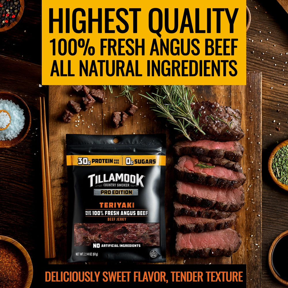 Tillamook PRO beef jerky held in hand demonstrating portable high-protein snack