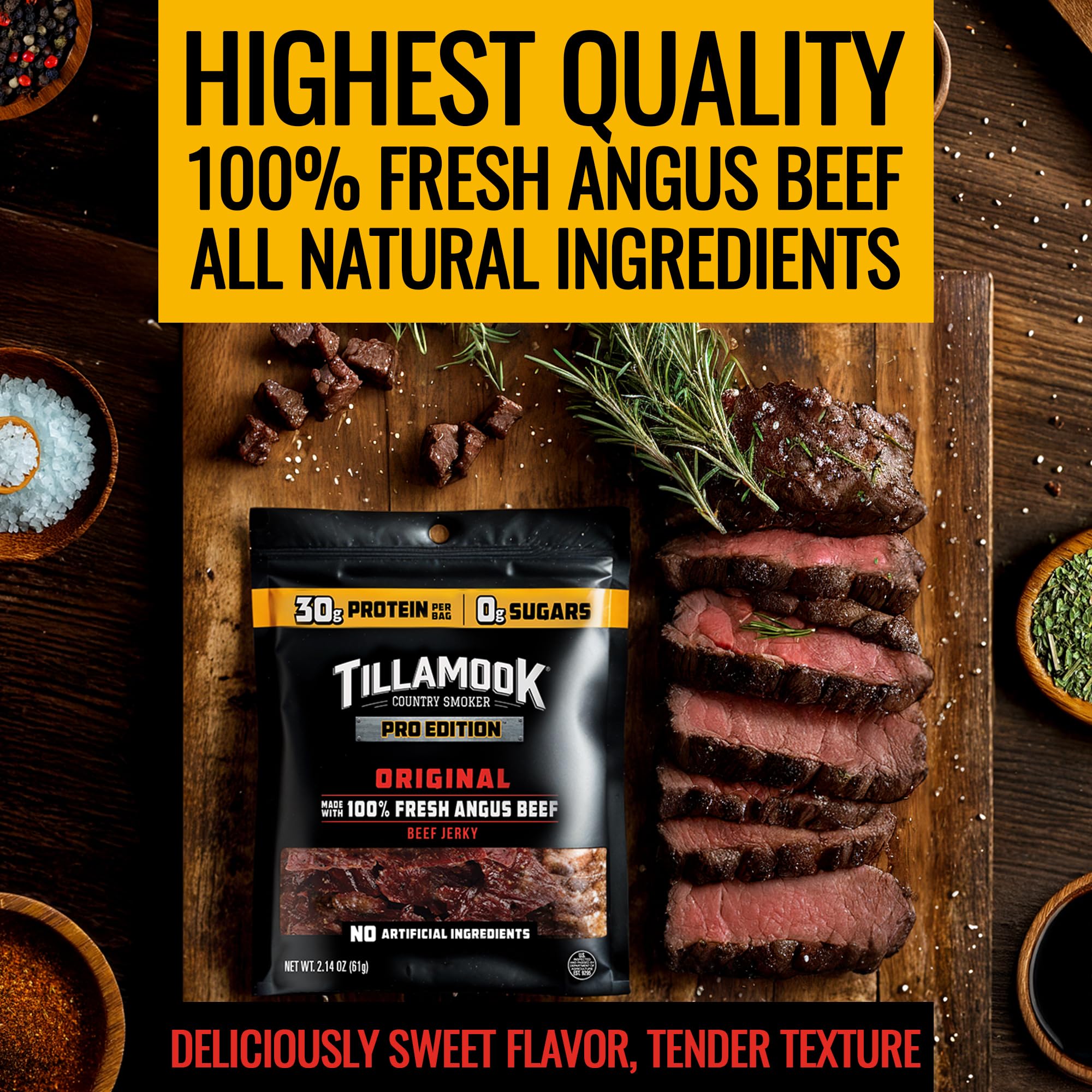 Tillamook Country Smoker close-up of jerky texture highlighting real hardwood smoke flavor
