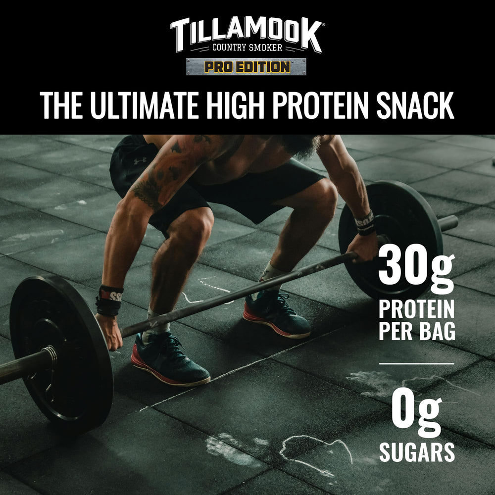 Tillamook Country Smoker open pouch revealing smoked Angus beef strips for quick protein