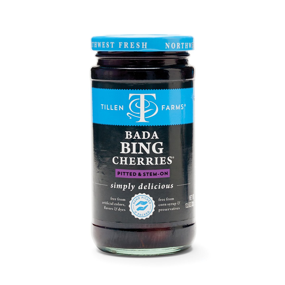 Tillen Farms jar front packaging shows pitted cherries and natural ingredients benefit convenience