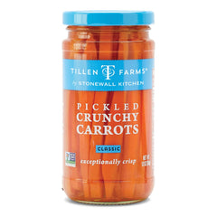Tillen Farms jar front packaging showing crisp pickled carrots and serving idea