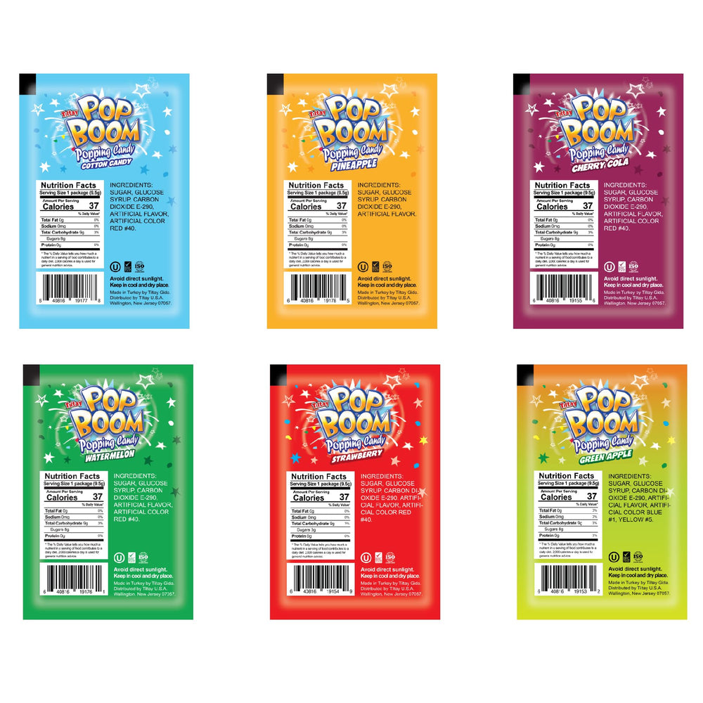 TILTAY POP BOOM single 0.33 oz pouch held upright for portion clarity