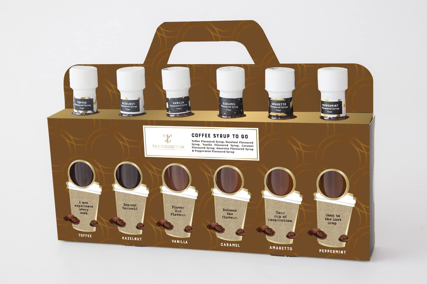 Tilz six 75ml bottles next to a coffee cup showing compact size and convenient gifting