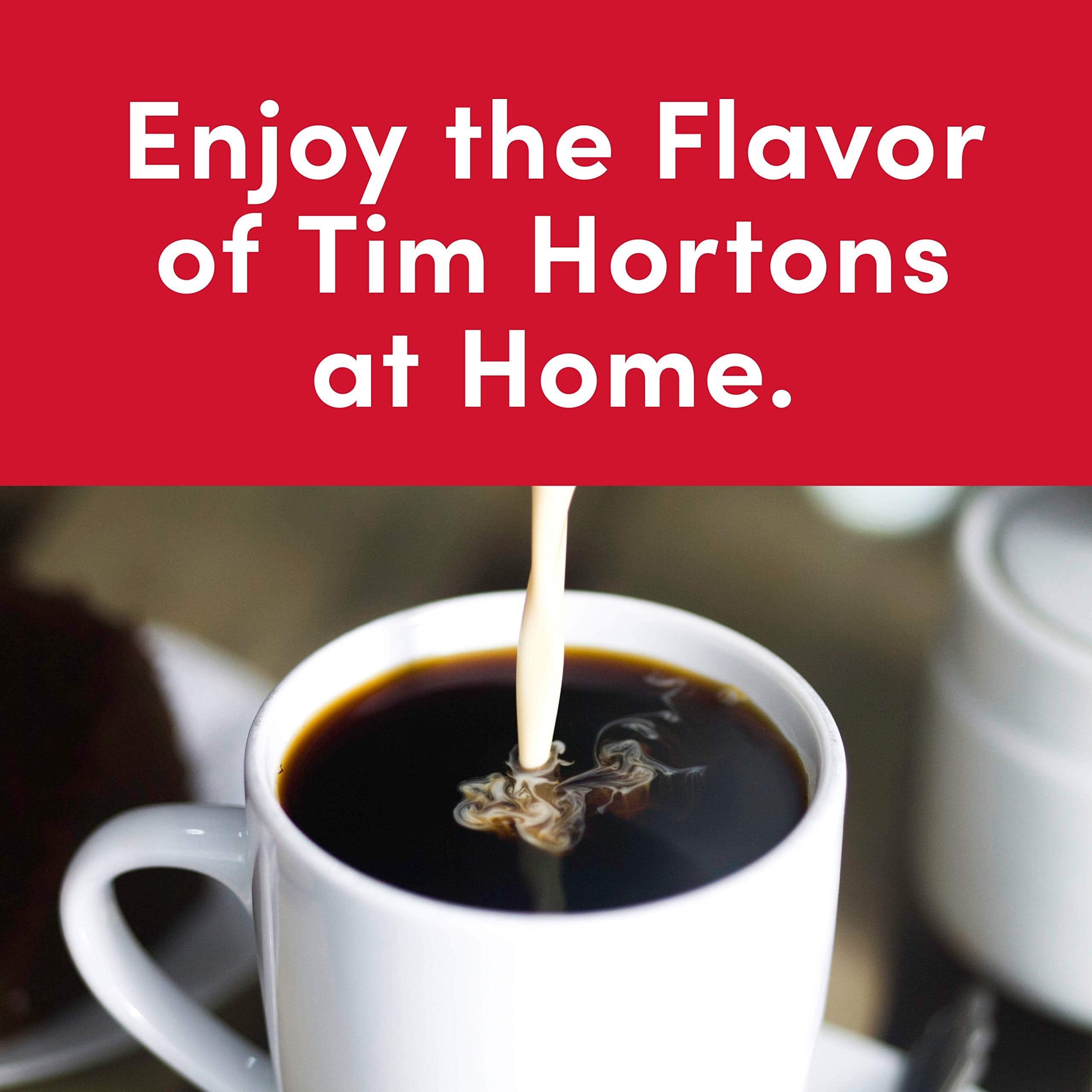 Brewed Tim Hortons coffee on a kitchen counter illustrating a comforting morning cup