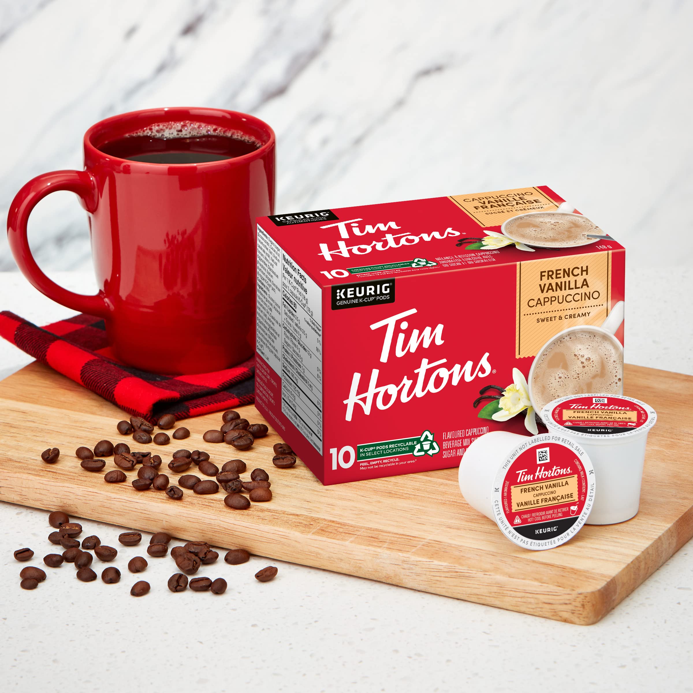 Tim Hortons brewed cup in kitchen scene showing creamy vanilla appeal