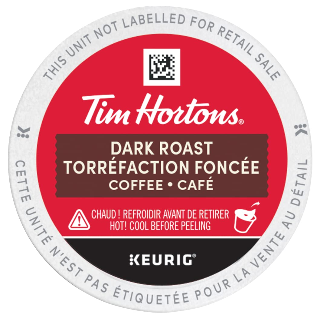 Tim Hortons Dark Roast K-Cup brewed into mug showing bolder aroma and richness
