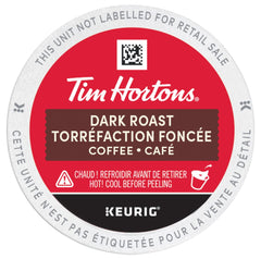 Tim Hortons Dark Roast K-Cup brewed into mug showing bolder aroma and richness