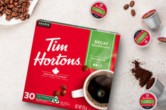 Freshly brewed Tim Hortons decaf coffee in mug made from K-Cup for quick consistent flavor benefit