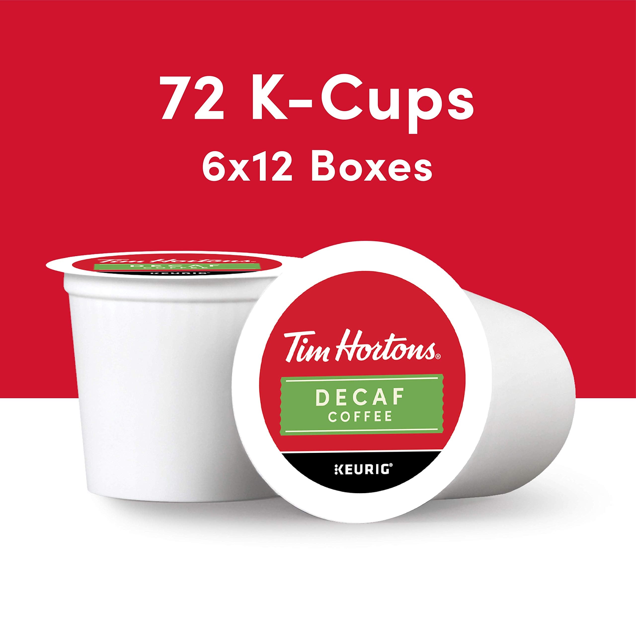 Close-up top view of a Tim Hortons decaf K-Cup pod highlighting easy insertion and consistent brewing